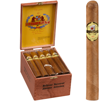 Single Baccarat Natural cigar displayed in front of an open box filled with matching cigars