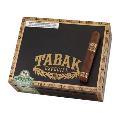 Single Tabak Especial Negra resting on a closed box