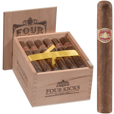 Single Four Kicks cigar in front of an open box with red-and-gold band visible