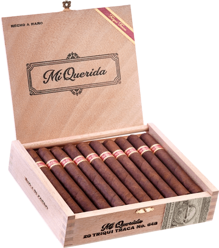 Open box of Mi Querida Triqui Traca cigars with dark, rustic wrappers and elegant banding