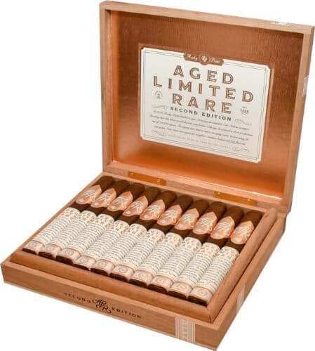 Open box of Rocky Patel A.L.R. Second Edition cigars, showcasing beautifully arranged cigars with rich packaging.