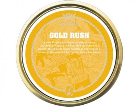 Ashton Gold Rush pipe tobacco tin featuring a bright blend of flue-cured golden Virginia tobaccos.