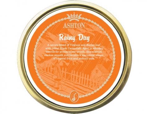 Ashton Rainy Day pipe tobacco tin with a smooth aromatic blend aged in whisky barrels.