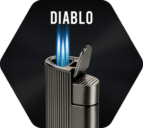 Gunmetal Vector Diablo Lighter with three torch flames lit.