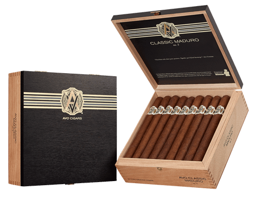 Open box of AVO Classic Maduro cigars showing dark Maduro wrappers and detailed bands.