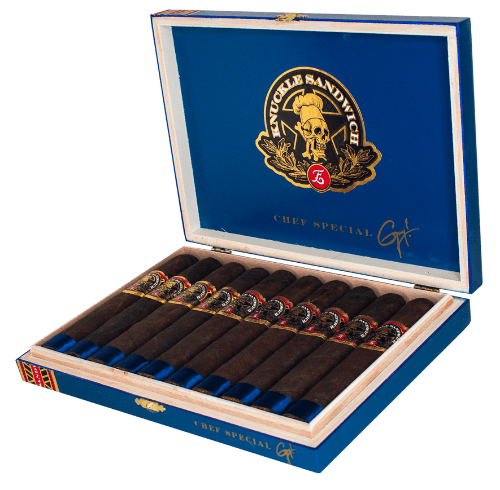 Open box of Espinoza Knuckle Sandwich Chef's Special 2024 cigars, showcasing their elegant band and expertly crafted appearance inside the luxurious wooden box.