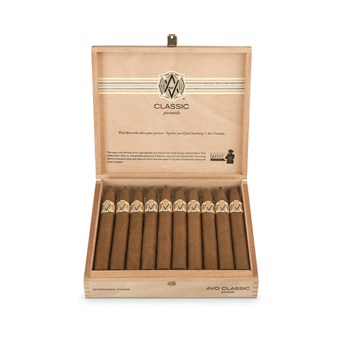 Closed box of AVO Classic cigars featuring elegant branding and smooth Connecticut Shade wrapper.