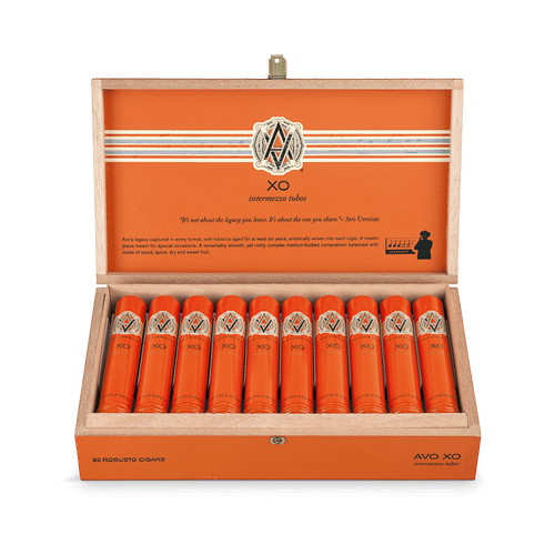Open box of AVO XO Tubo cigars in elegant aluminum tubes with smooth Connecticut wrappers
