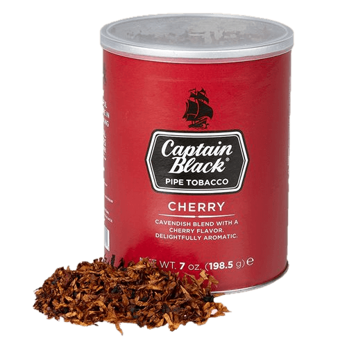 Can of Captain Black Cherry pipe tobacco featuring vibrant, cherry-themed branding and aromatic blend.