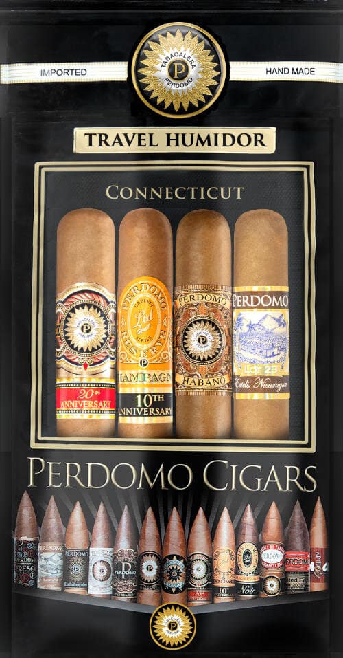 Four Perdomo cigars in Fresh Humidity Packs, featuring different styles: Perdomo Connecticut, Perdomo 10th Anniversary Connecticut, Perdomo 20th Anniversary, and Perdomo Lot 23 Connecticut, each displayed in their individually sealed, humidity-controlled pouches to preserve freshness and flavor.