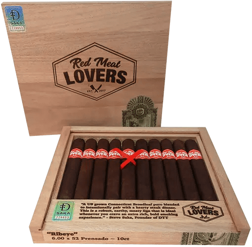 Open box of Red Meat Lovers cigars with dark, oily wrappers and bold red-and-black bands