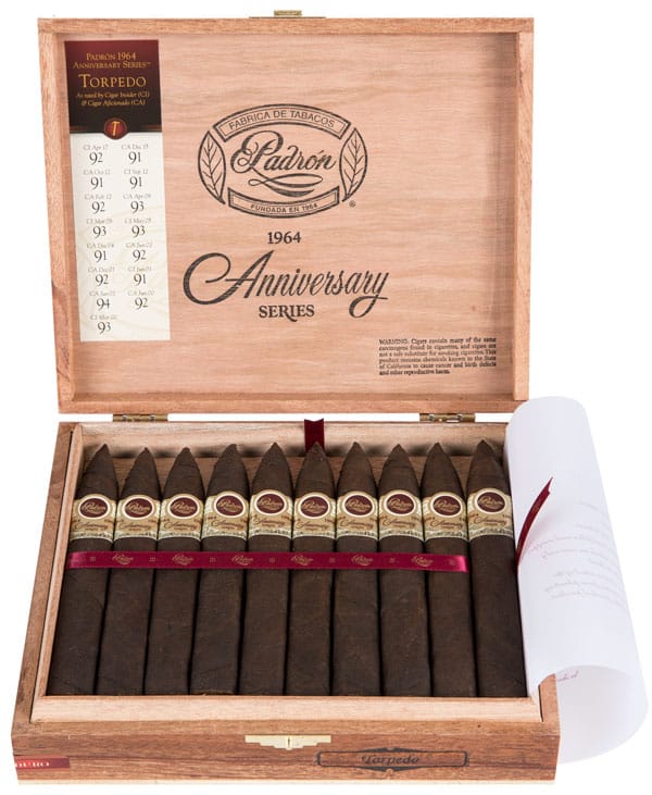 Open box of Padrón 1964 Anniversary Series Maduro cigars with dark, rich wrappers and classic Padrón bands