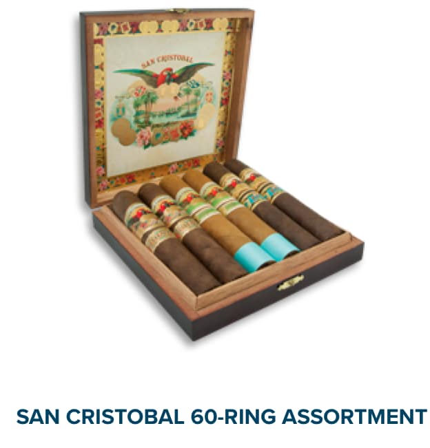 Open box of San Cristobal 60-Ring Assortment featuring large ring premium cigars