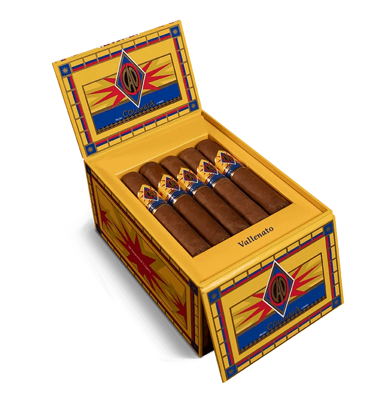 Open box of CAO Colombia cigars featuring rich Honduran wrappers and vibrant Colombian branding.