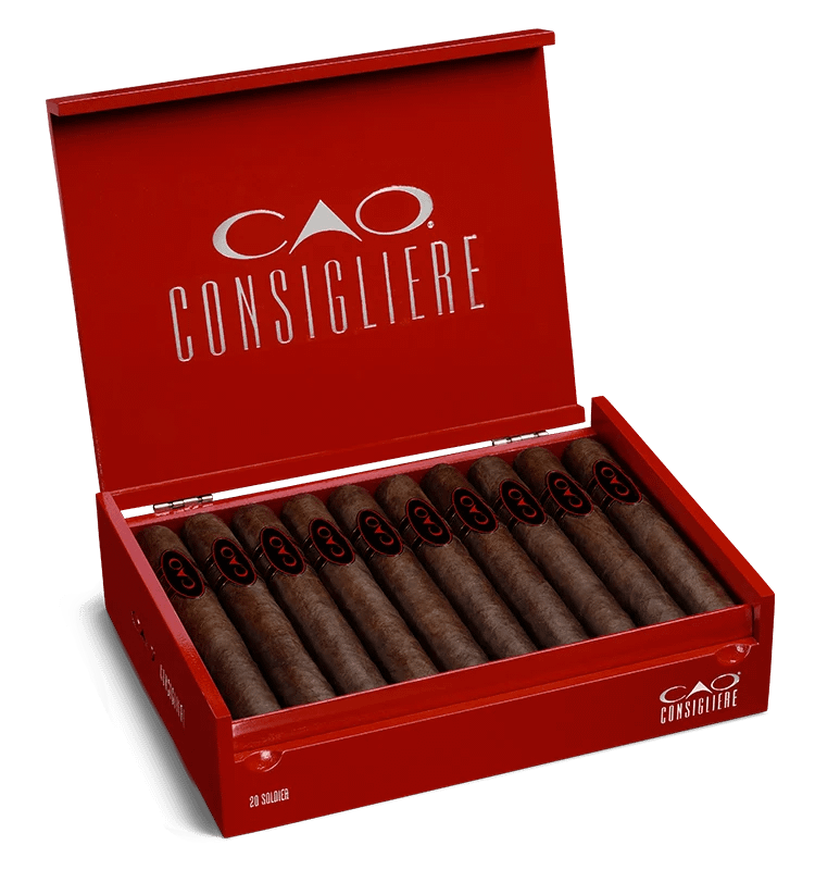 Open box of CAO Consigliere cigars with dark Brazilian wrappers and bold, mob-inspired presentation.