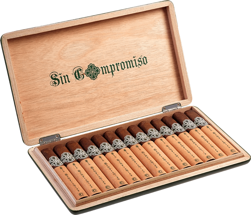 Open box of Sin Compromiso cigars with dark wrappers and elegant black-and-silver bands