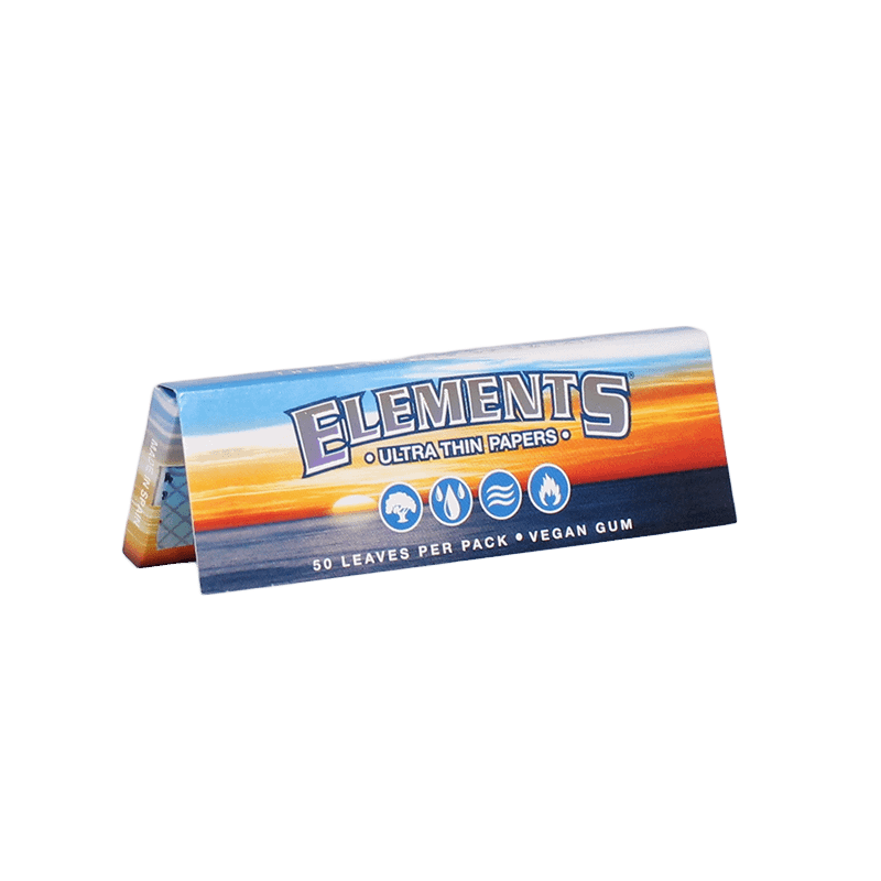 Elements 1 1/4 Rolling Paper pack standing upright with a few sheets pulled out