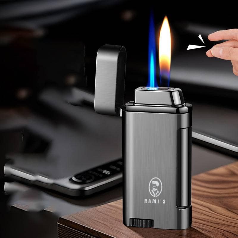 Rami’s dual flame lighter with voice recognition, showing a brushed metal body, open lid, and strong blue torch flame activated by a hand gesture.