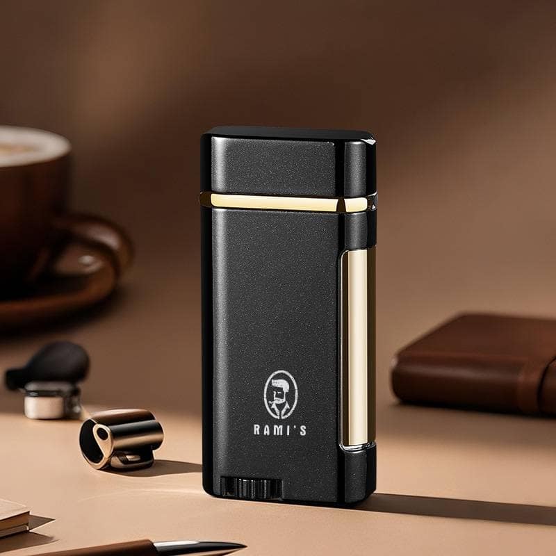 Black Rami’s dual flame rechargeable lighter with premium metal body and compact windproof design on desk.