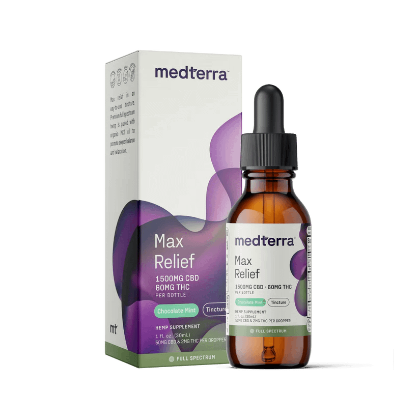 30 ml bottle of Medterra Max Relief Full Spectrum Oil Tincture with 1000 mg CBD, menthol, and arnica for pain relief.