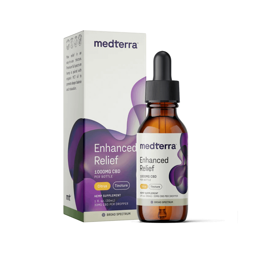 30 ml bottle of Medterra Enhanced Relief Oil Tincture with 100 mg CBD, turmeric, menthol, and ginger for enhanced pain relief.