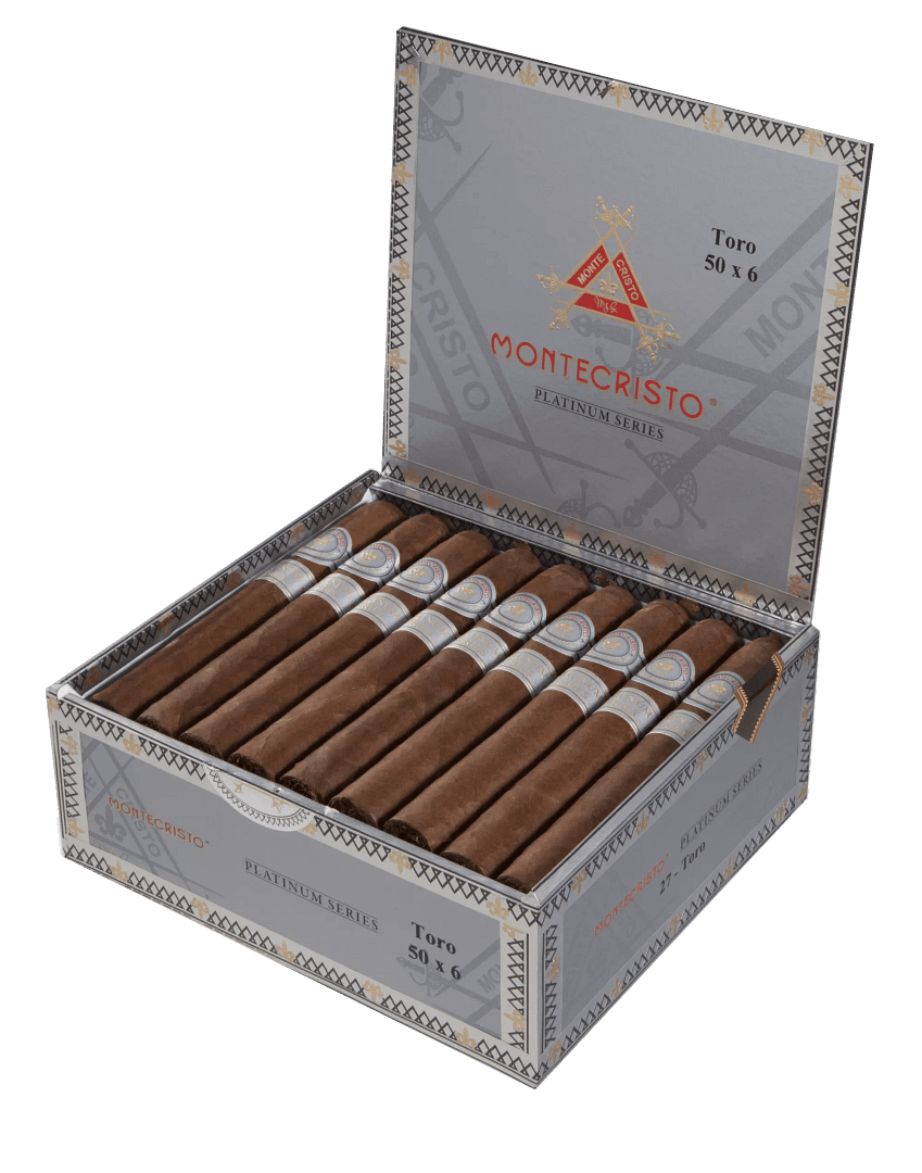 Open box of Montecristo Platinum Series cigars with dark San Andrés wrappers and sleek silver bands.