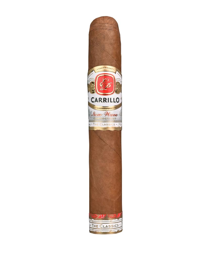 Single New Wave Connecticut cigar with a smooth light brown wrapper resting on a wooden surface.