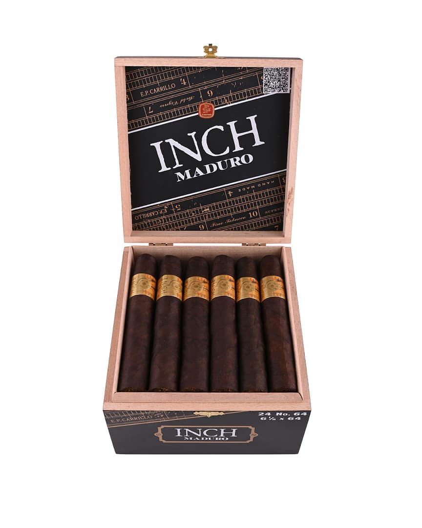 Open box of Inch Maduro cigars with dark, rich wrappers and a bold, premium presentation.