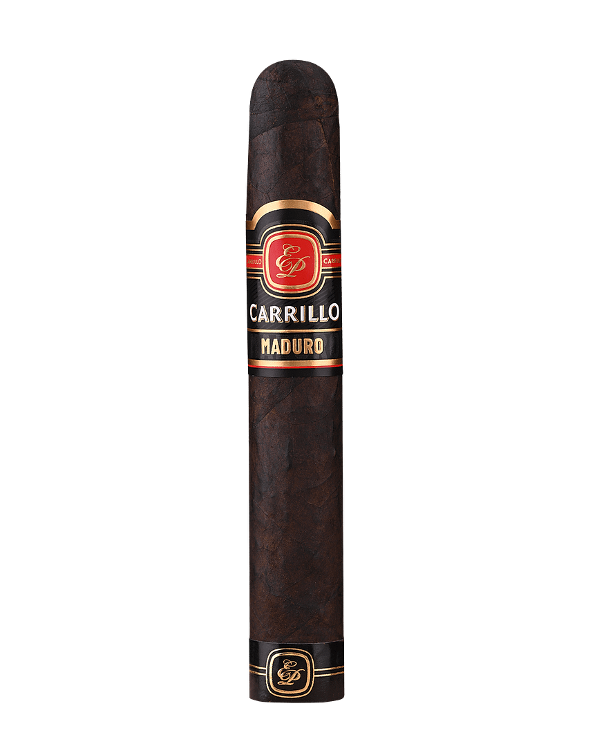 E.P. Carrillo Maduro Gordo cigar with dark, oily Maduro wrapper