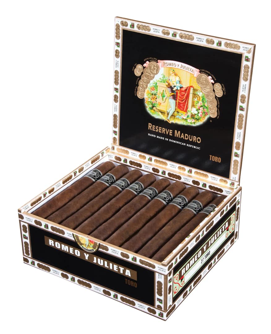 Open box of Romeo y Julieta 1875 Reserve Maduro cigars with dark, oily wrappers and black-and-silver bands.