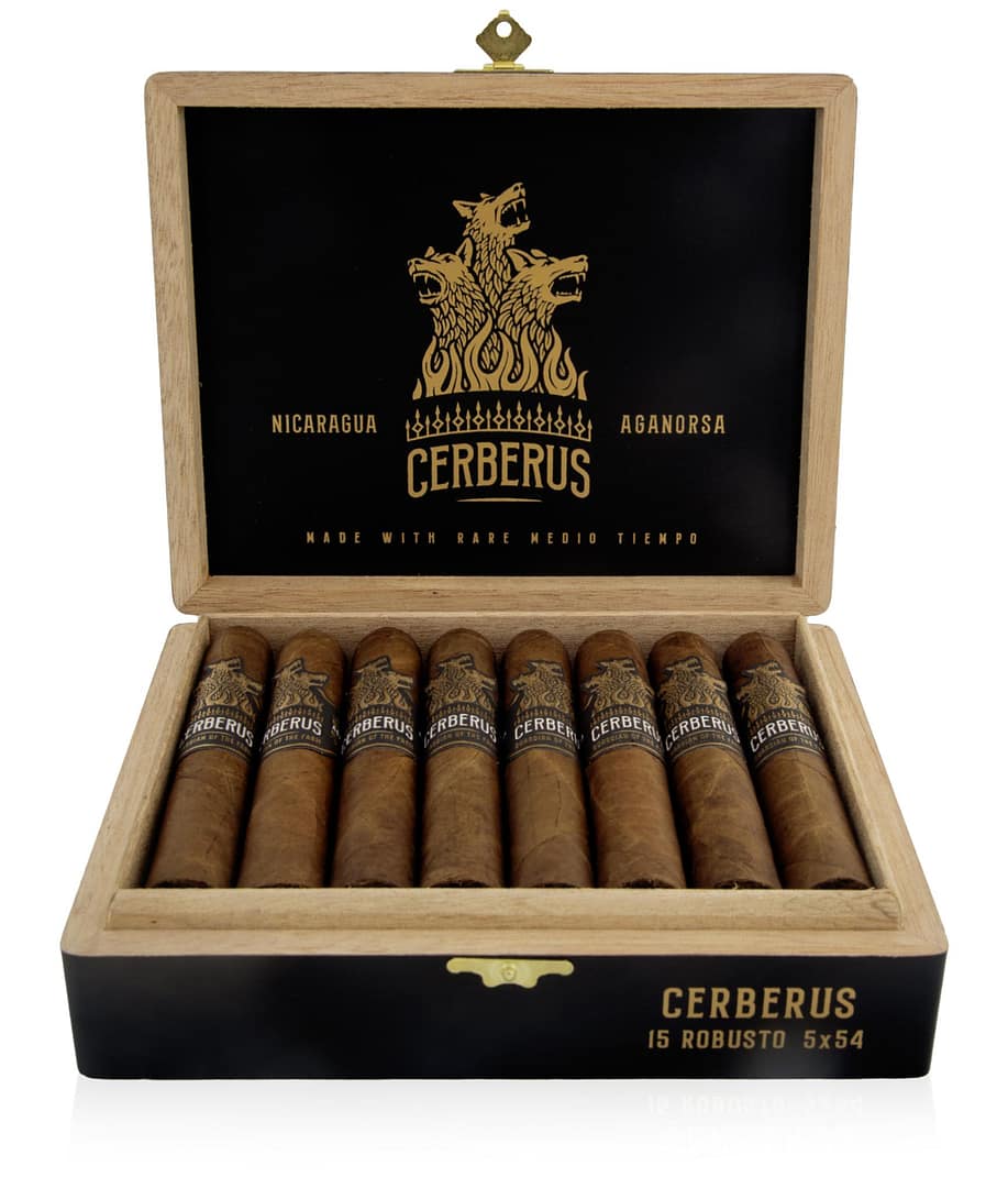 Open box of Guardian of the Farm Cerberus cigars, featuring their rich, dark wrappers and impeccable construction, offering a bold and flavorful smoking experience