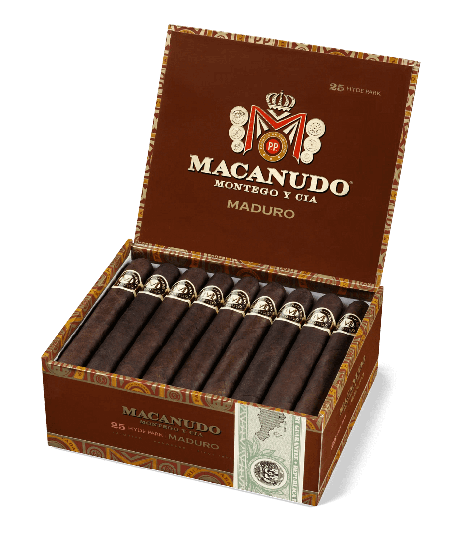 Open box of Macanudo Maduro cigars featuring dark Connecticut Broadleaf wrappers and refined presentation.