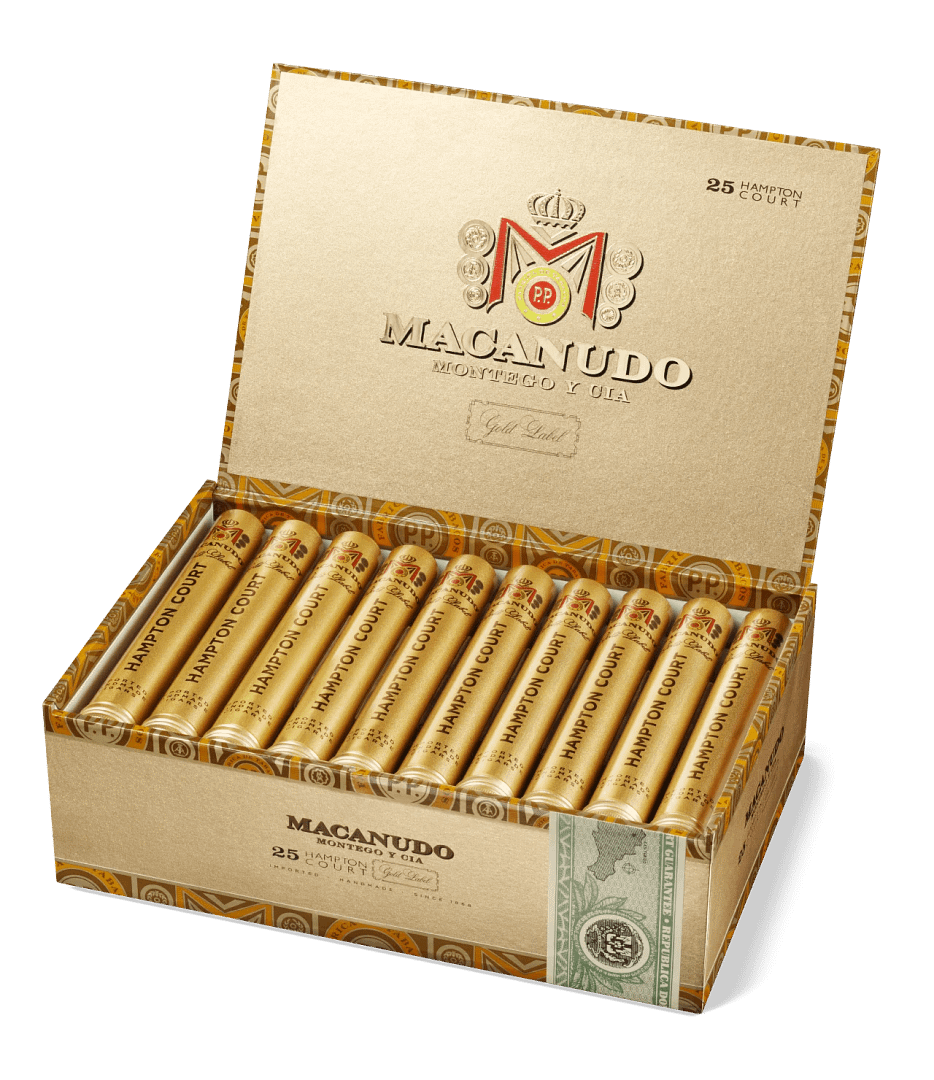 Open box of Macanudo Gold Label Tubo cigars, each individually encased in a gold tube and presented with elegant Connecticut wrappers.