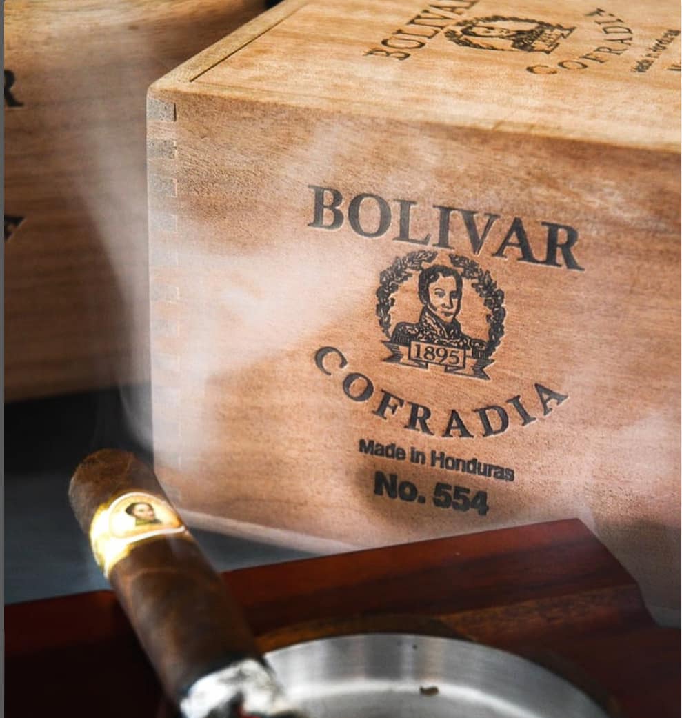 Closed box of Bolivar Cofradia cigars with bold branding and classic design