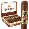Single Alec Bradley Tempus cigar with dark wrapper, resting in front of an open box showing multiple cigars inside.