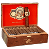 Open box of Casa Cuba by Arturo Fuente cigars with natural wrappers and the distinctive red and gold bands, displayed in a traditional wooden box