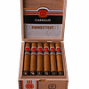 Open box of E.P. Carrillo Connecticut cigars with golden wrappers neatly arranged