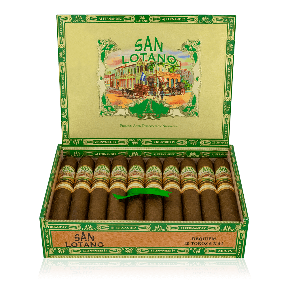 An open box of San Lotano Habano cigars, showcasing their reddish-brown Ecuadorian Habano wrappers and neat arrangement, emphasizing the premium craftsmanship and rich, balanced flavor profile