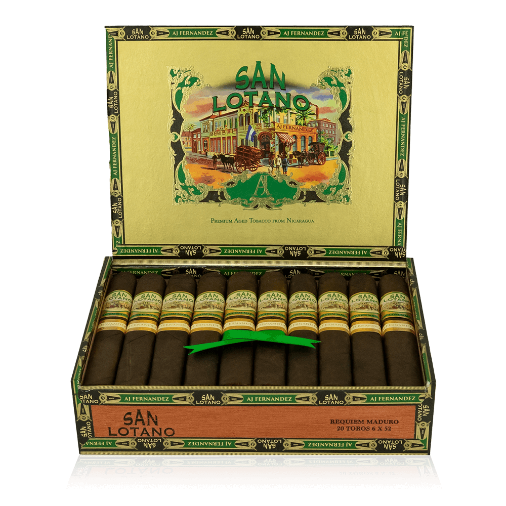 An open box of San Lotano Maduro cigars, featuring dark, oily Maduro wrappers and neatly arranged with their distinctive bands, highlighting their premium construction and rich, full-bodied appeal.