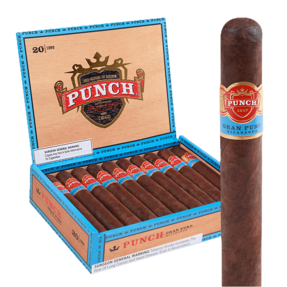 Open box of Punch Gran Puro Nicaragua cigars with rich brown wrappers and bold blue bands