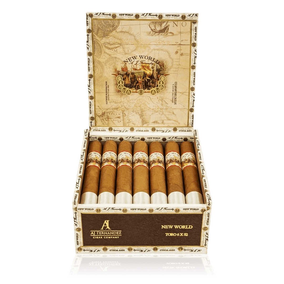 An open box of New World Connecticut cigars, featuring smooth, light-colored wrappers and detailed cigar bands