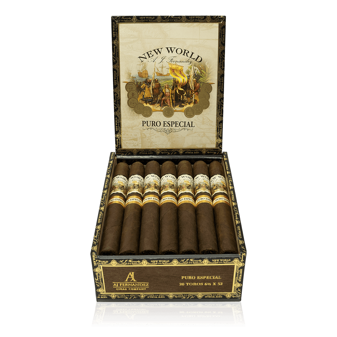 An open box of New World Puro Especial cigars, neatly arranged with rich brown wrappers and decorative cigar bands