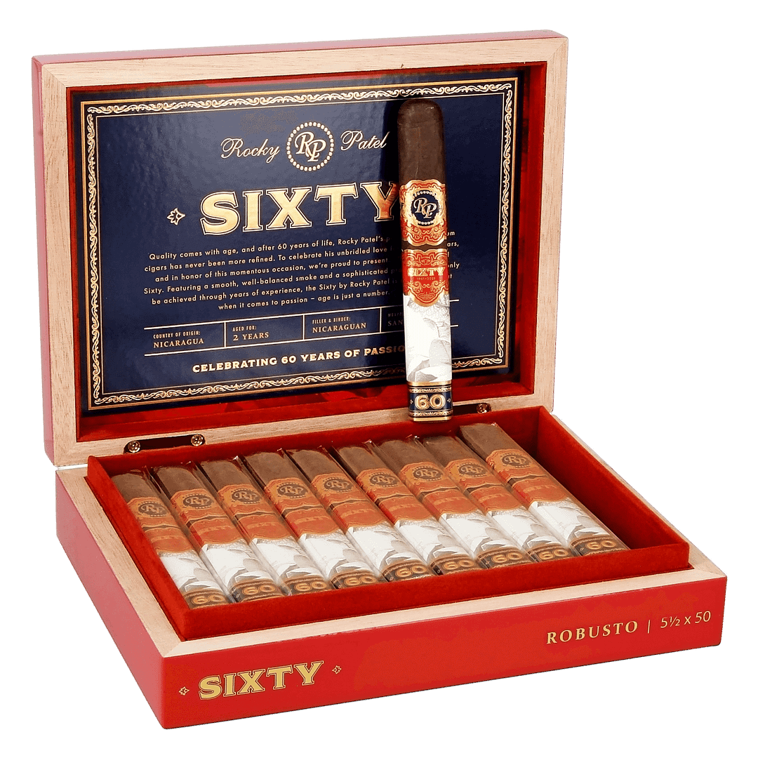 Open box of Rocky Patel Sixty cigars, showcasing perfectly arranged cigars with elegant, rich packaging.