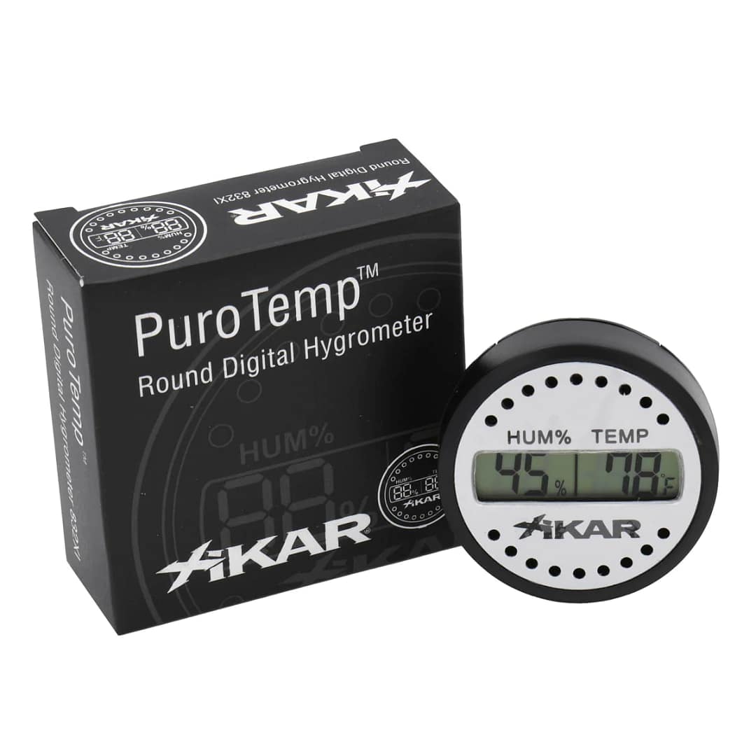 XIKAR Round Digital Hygrometer displaying humidity and temperature.
