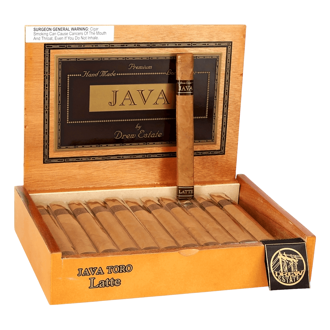Open box of Java Latte by Rocky Patel cigars with light Connecticut wrappers and elegant coffee-themed branding.