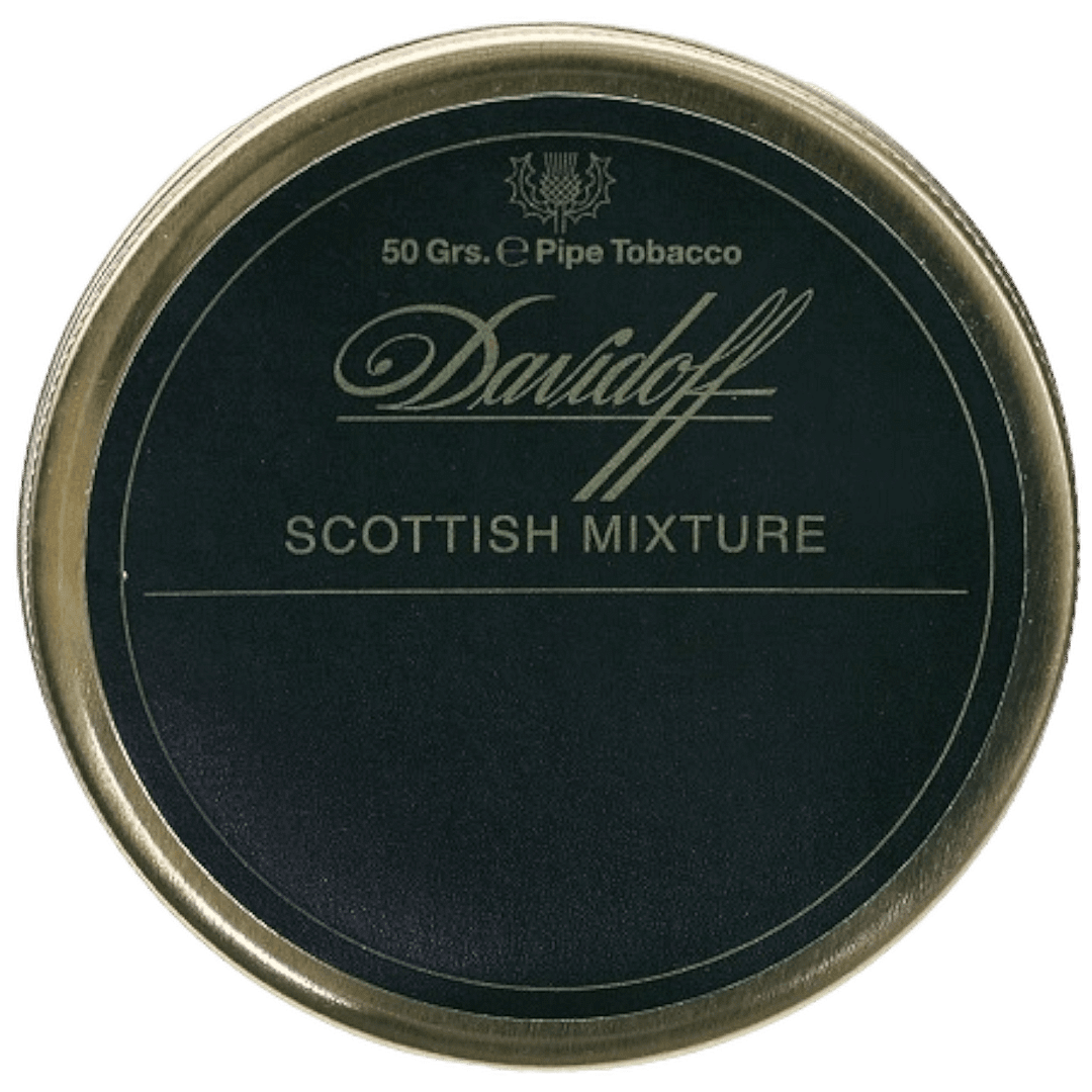 Davidoff Scottish Mixture pipe tobacco tin featuring a smooth blend of Virginia, Burley, Oriental, and whisky flavoring.