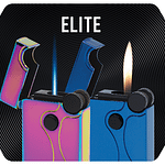 Two Vector Elite Dual Flame Lighters—blue with soft flame lit and pink with torch flame lit.