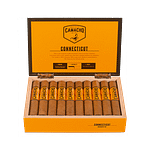 Open box of Camacho Connecticut cigars with smooth, light wrappers and bold orange bands