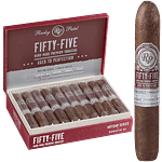 Open box of Rocky Patel Fifty-Five cigars, neatly arranged with dark Nicaraguan wrappers and bold red-and-gold bands.
