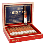 Open box of Rocky Patel Sixty cigars, showcasing perfectly arranged cigars with elegant, rich packaging.